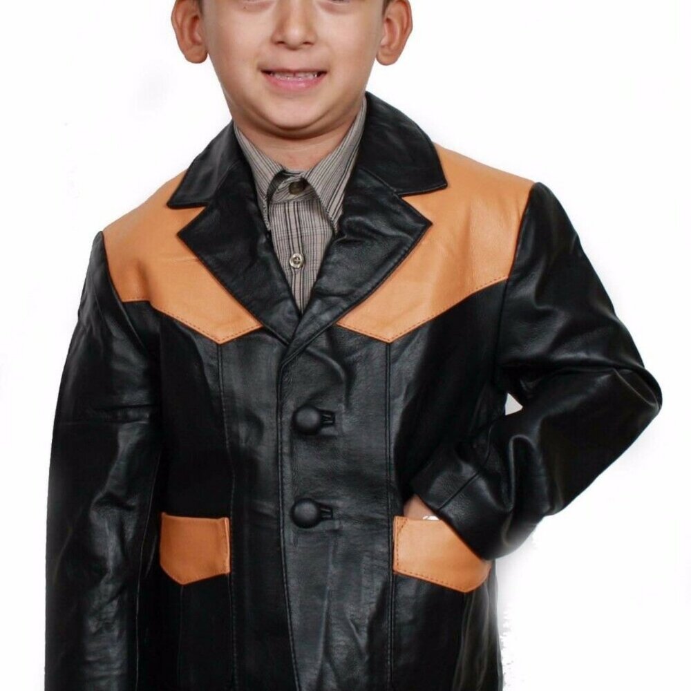 Kids Genuine Leather Western Jacket – Handcrafted Two-Tone Design